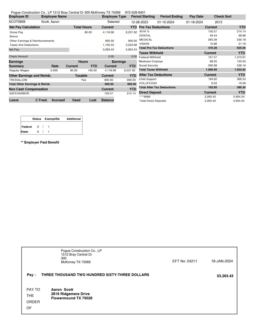 USA Pogue Construction Co PayStub Word And PDF Template 4 Pages