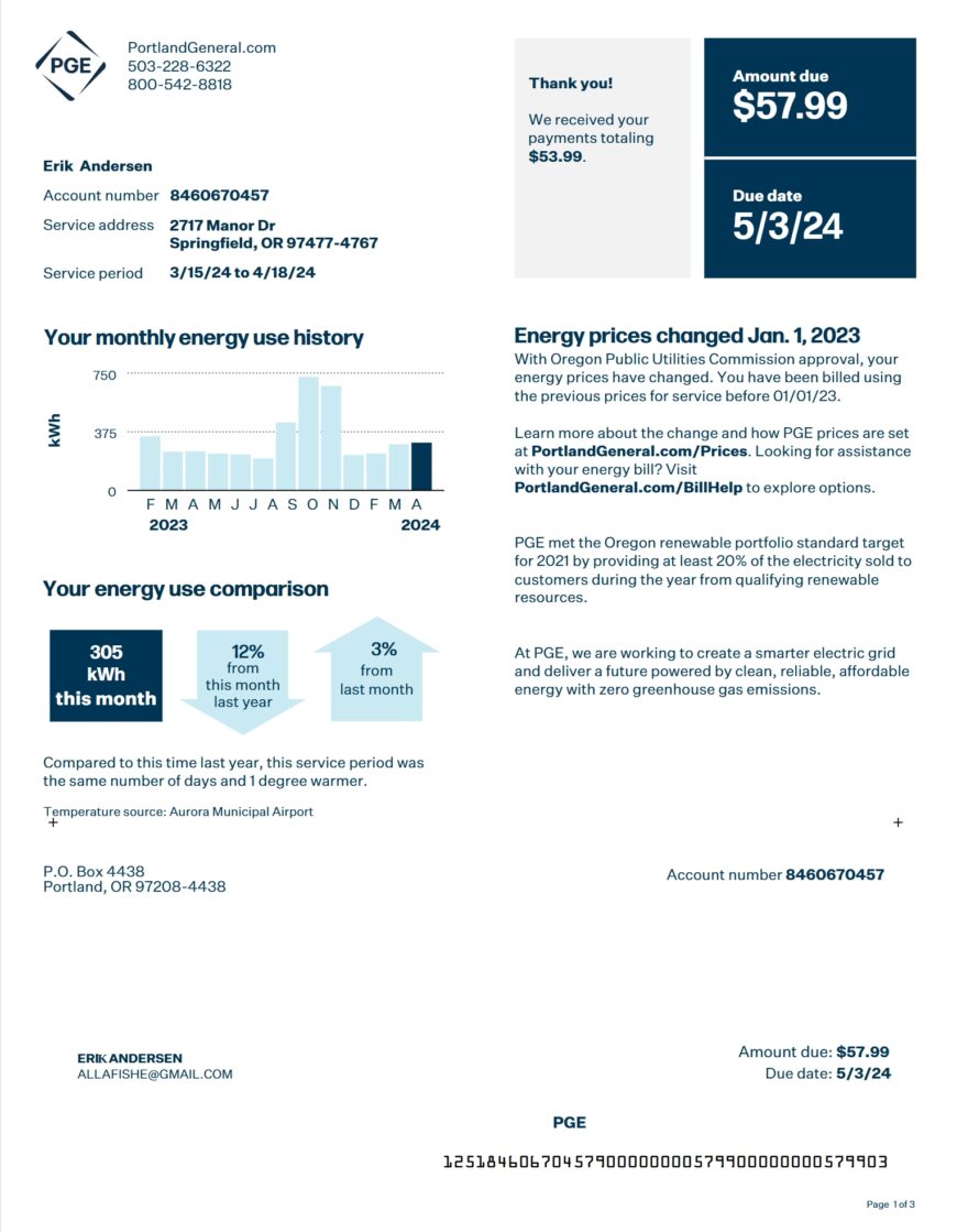 USA Portland General Electric Utility Bill Word And PDF Template 3 Pages