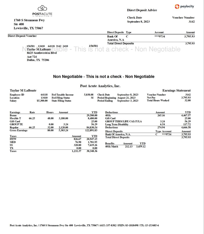 USA Post Acute Analytics Pay Stub Word And PDF Template 2 Pages