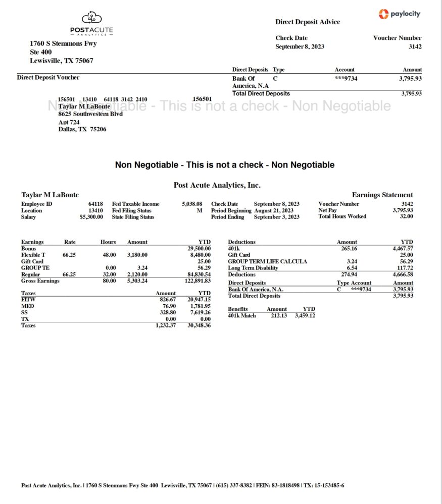USA Post Acute Analytics Pay Stub Word And PDF Template 2 Pages