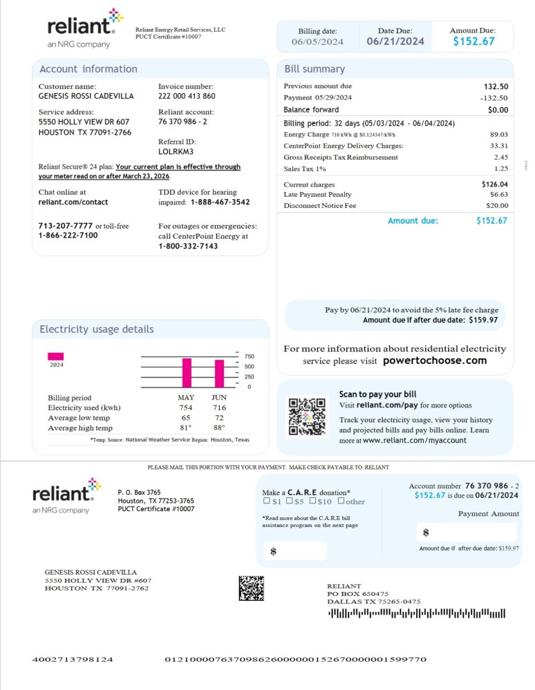 USA Reliant Energy Utility Bill Word And PDF Template 3 Pages