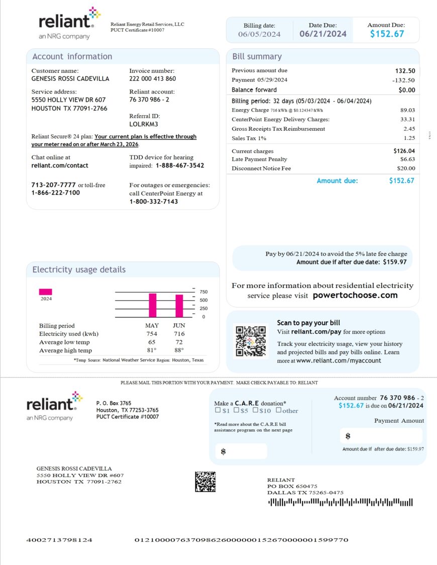 USA Reliant Energy Utility Bill Word And PDF Template 3 Pages