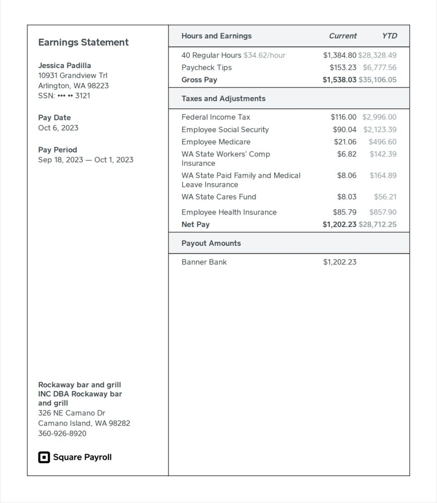 USA Rockaway Bar and Grill Earnings Statement Word And PDF Template 2 Pages