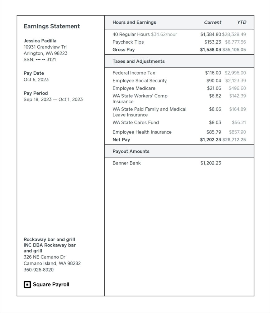 USA Rockaway Bar and Grill Earnings Statement Word And PDF Template 2 Pages
