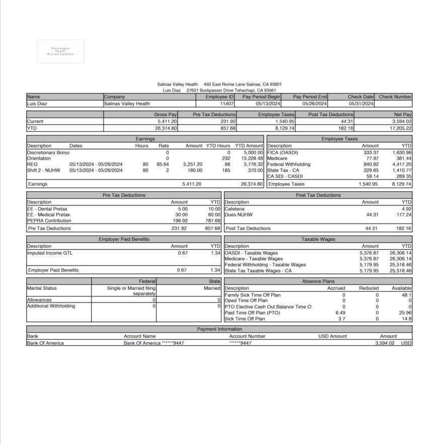 USA Salinas Valley Health PayStub Word And PDF Template 4 Pages