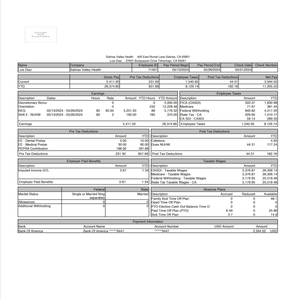 USA Salinas Valley Health PayStub Word And PDF Template 4 Pages