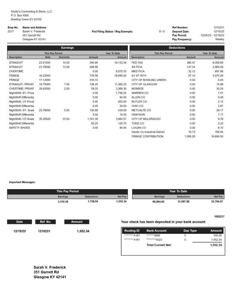 USA Scottys Contracting Stone Pay Stub Word And PDF Template