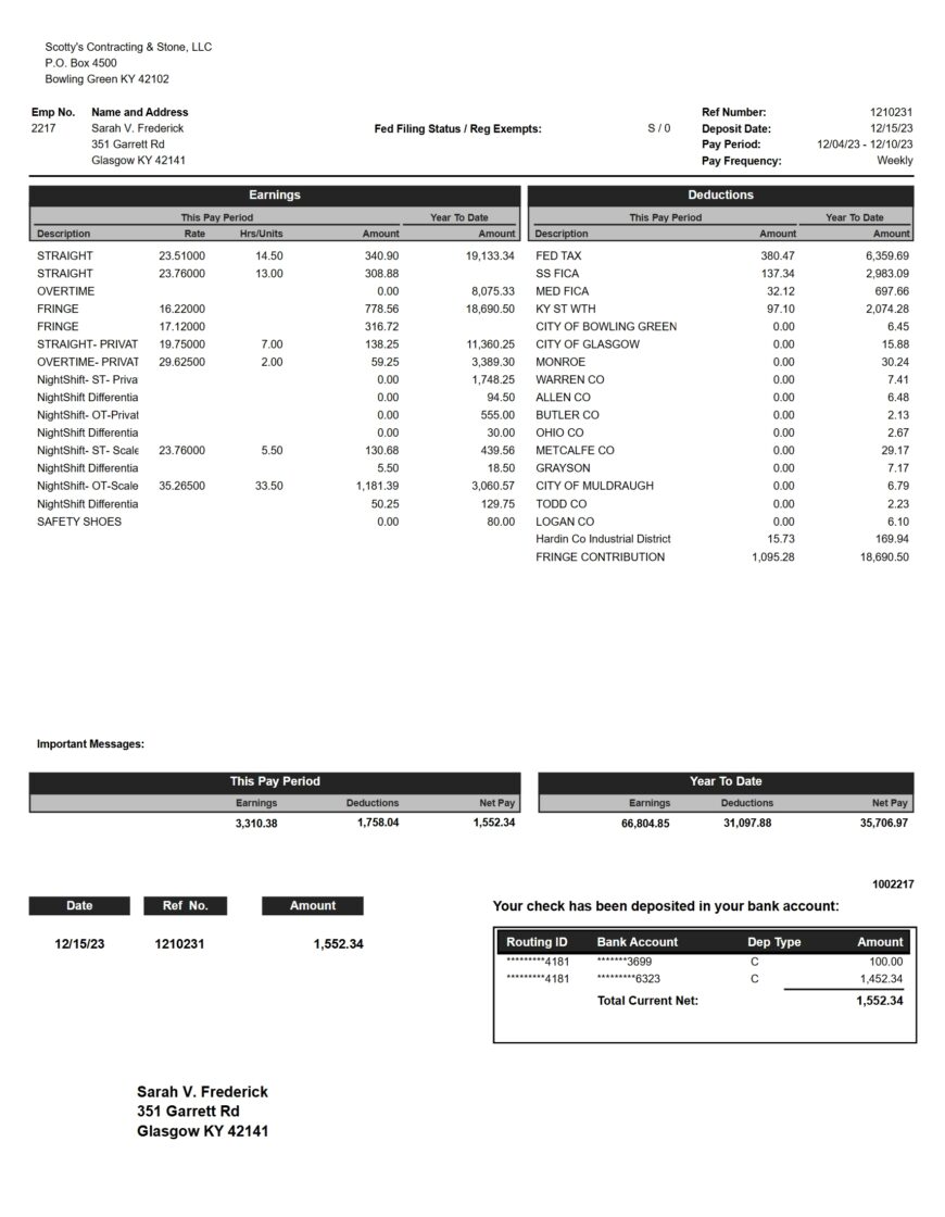 USA Scottys Contracting Stone Pay Stub Word And PDF Template