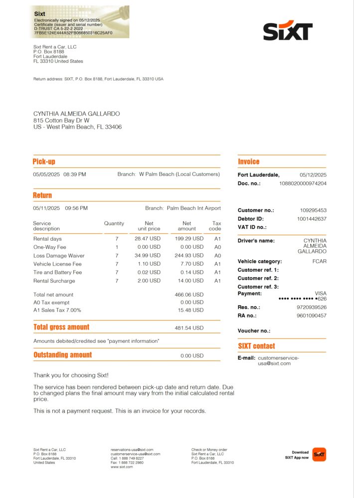 USA Sixt Rent a Car Invoice Word And PDF Template 2 Pages