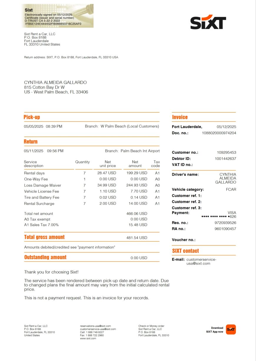 USA Sixt Rent a Car Invoice Word And PDF Template 2 Pages