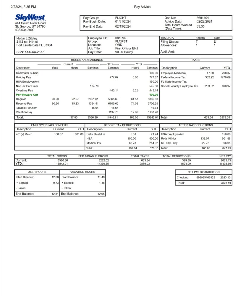 USA SkyWest Airlines Earnings Statement Word And PDF Template 17 Pages
