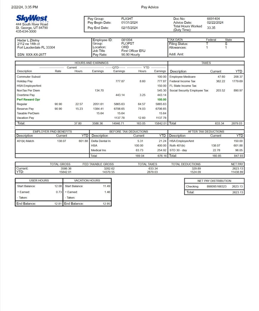 USA SkyWest Airlines Earnings Statement Word And PDF Template 17 Pages