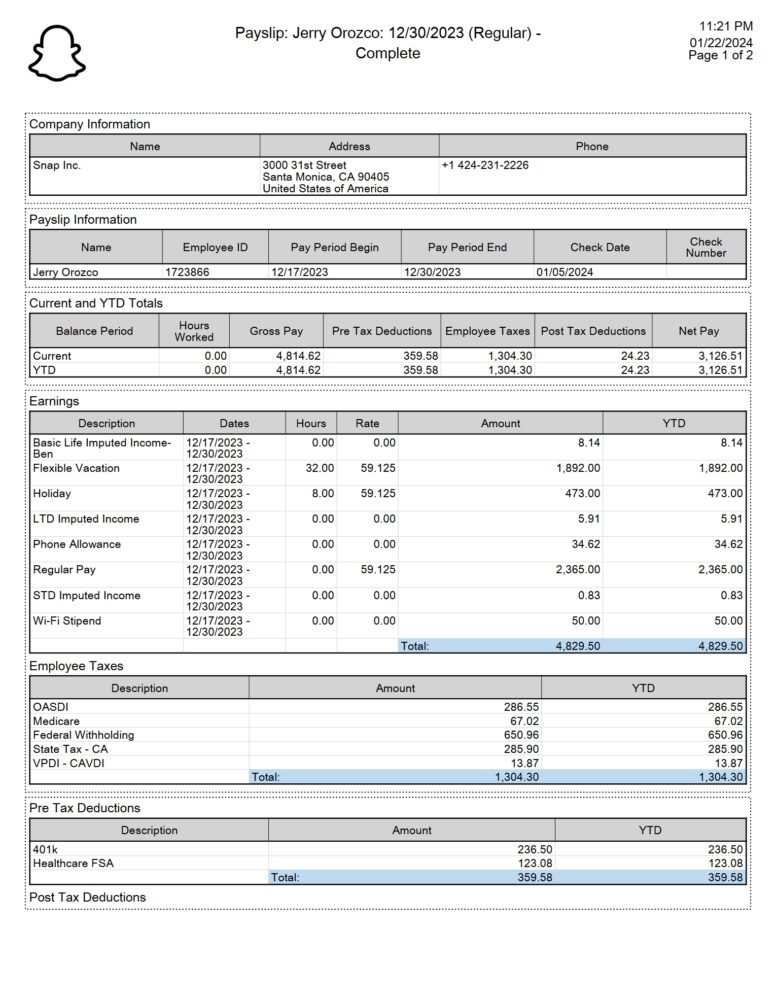 USA Snap Inc Pay Stub Word And PDF Template 8 Pages 1