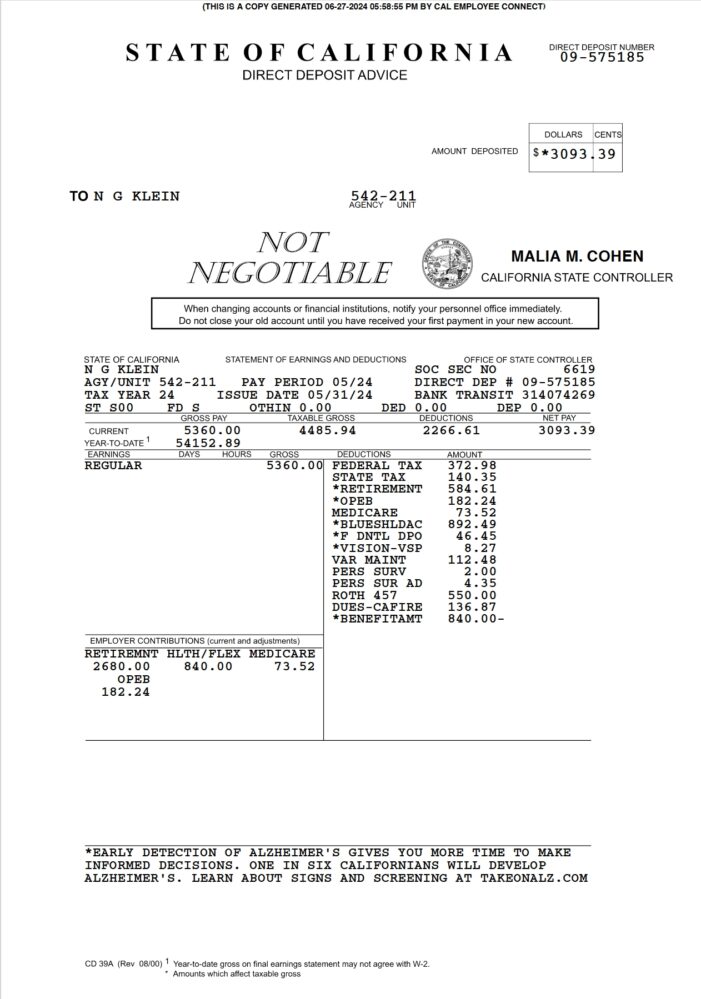 USA State of California Direct Deposit Advice Word And PDF Template