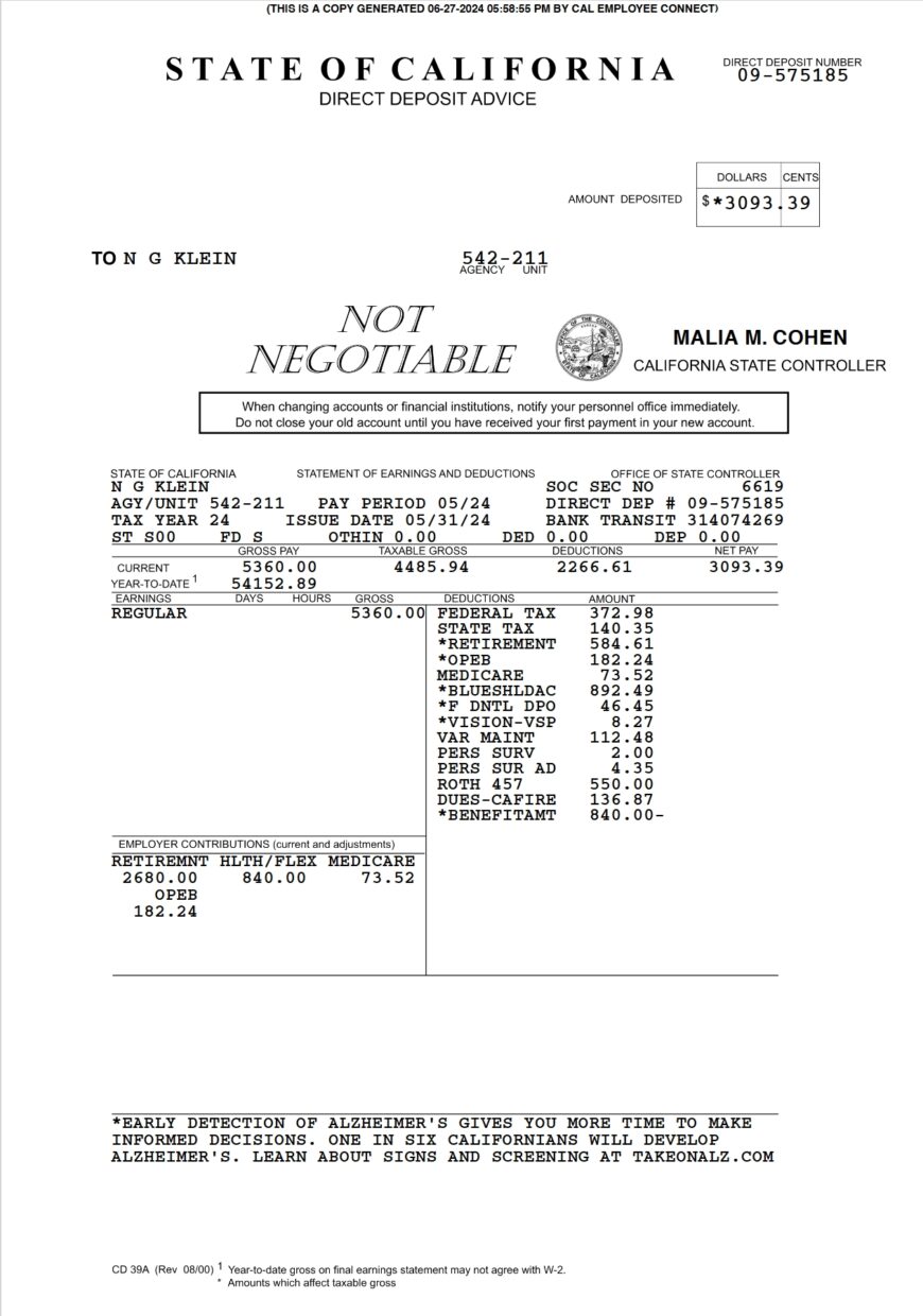 USA State of California Direct Deposit Advice Word And PDF Template