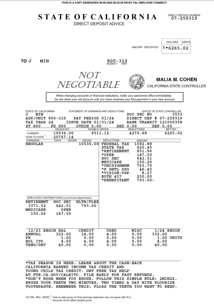 USA State of California Pay Stub Word And PDF Template 7 Pages