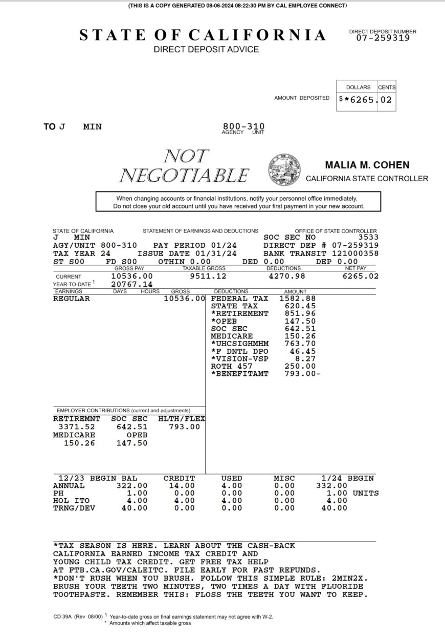 USA State of California Pay Stub Word And PDF Template 7 Pages