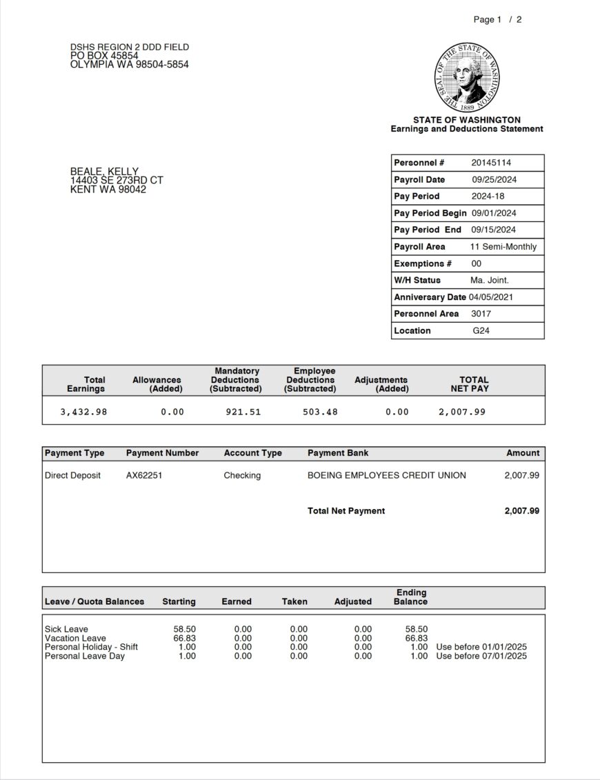USA State of Washington Earnings and Deductions Statement Word And PDF Template 2 Pages