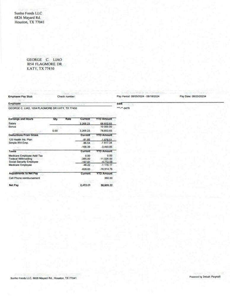 USA Sunho Foods LLC Pay Stub Word And PDF Template