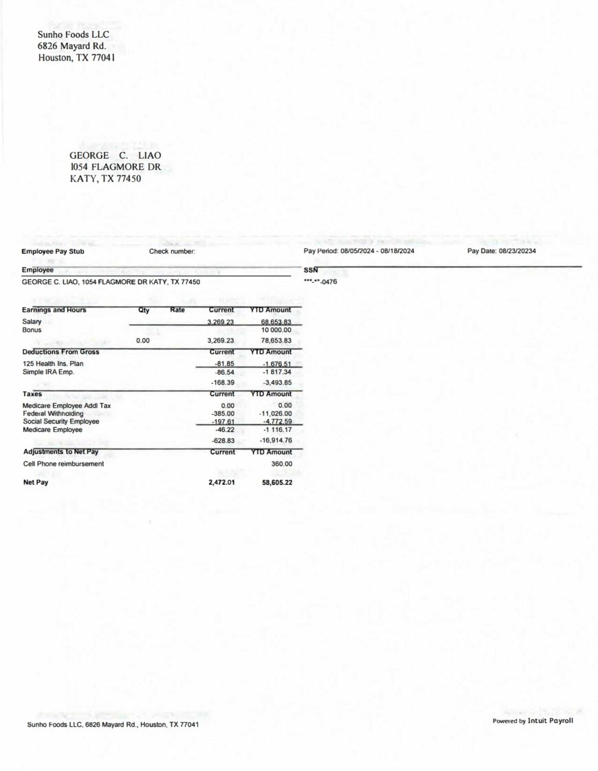 USA Sunho Foods LLC Pay Stub Word And PDF Template