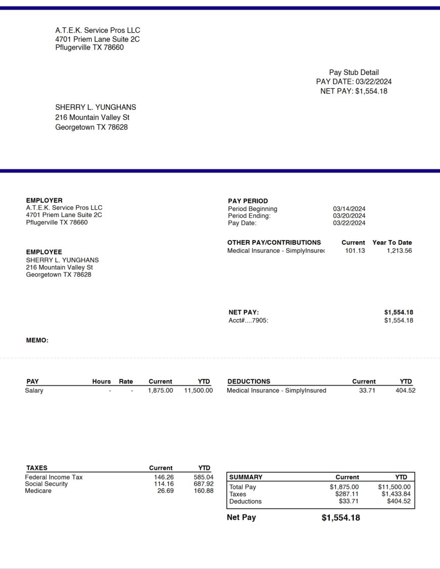 USA Texas A.T.E.K. Service Pros LLC Pay Stub Word And PDF Template 4 Pages 1