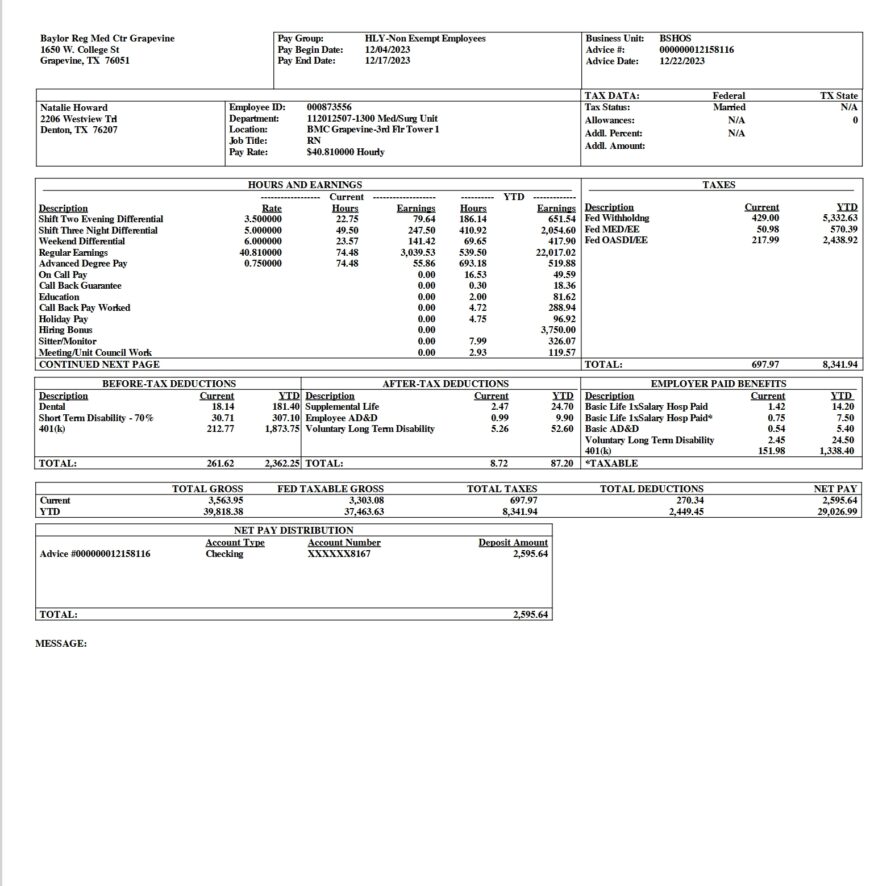 USA Texas Baylor Regional Medical Center at Grapevine Pay Stub Word And PDF Template 4 Pages