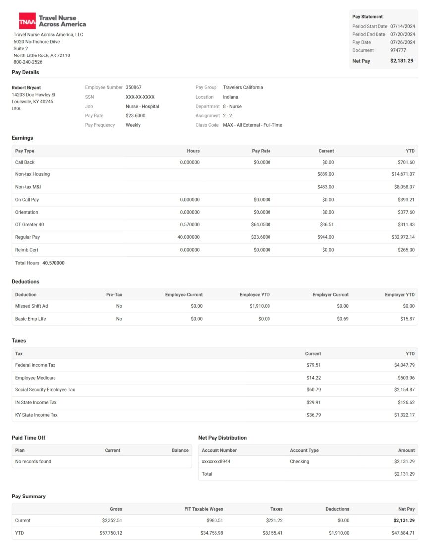 USA Travel Nurse Across America PayStub Word And PDF Template 5 Pages