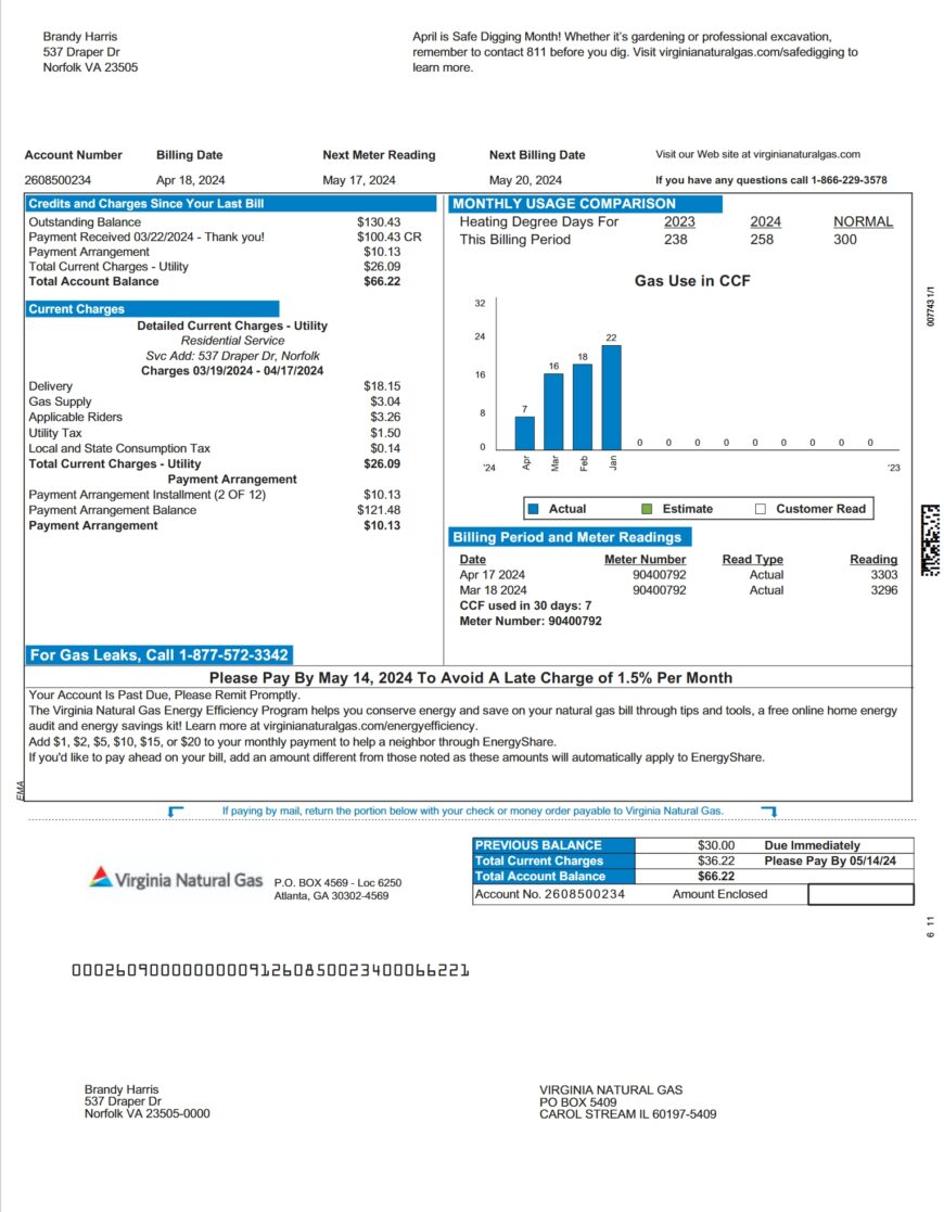 USA Virginia Natural Gas Utility Bill Word And PDF Template 2 Pages