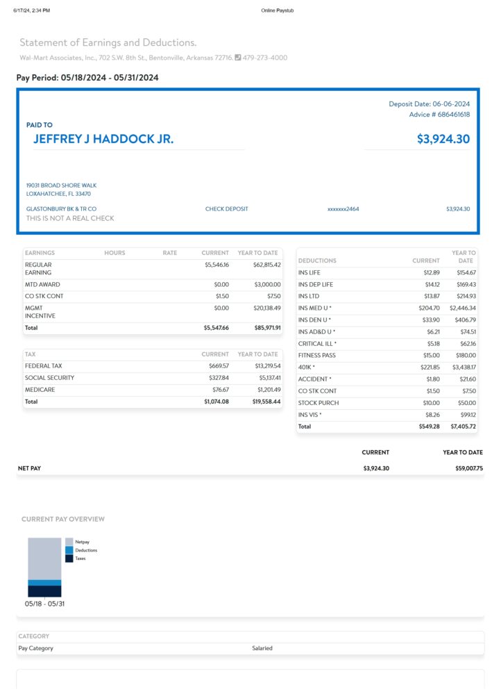 USA Walmart Paystub Word And PDF Template 4 Pages