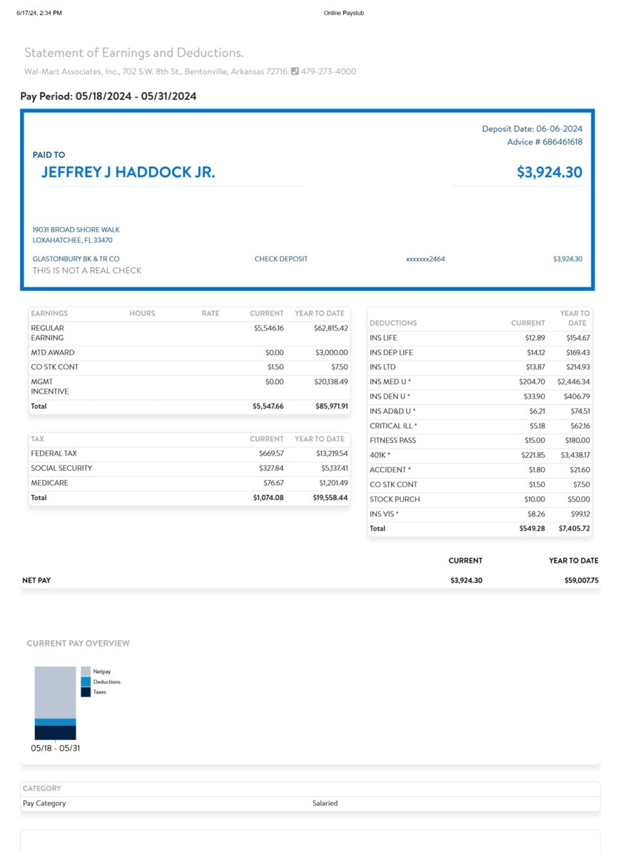 USA Walmart Paystub Word And PDF Template 4 Pages