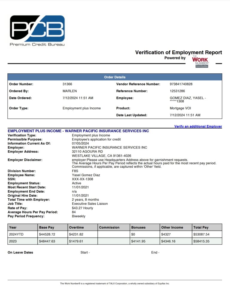 USA Warner Pacific Insurance Services Inc Verification of Employment Report Word And PDF Template 6 Pages