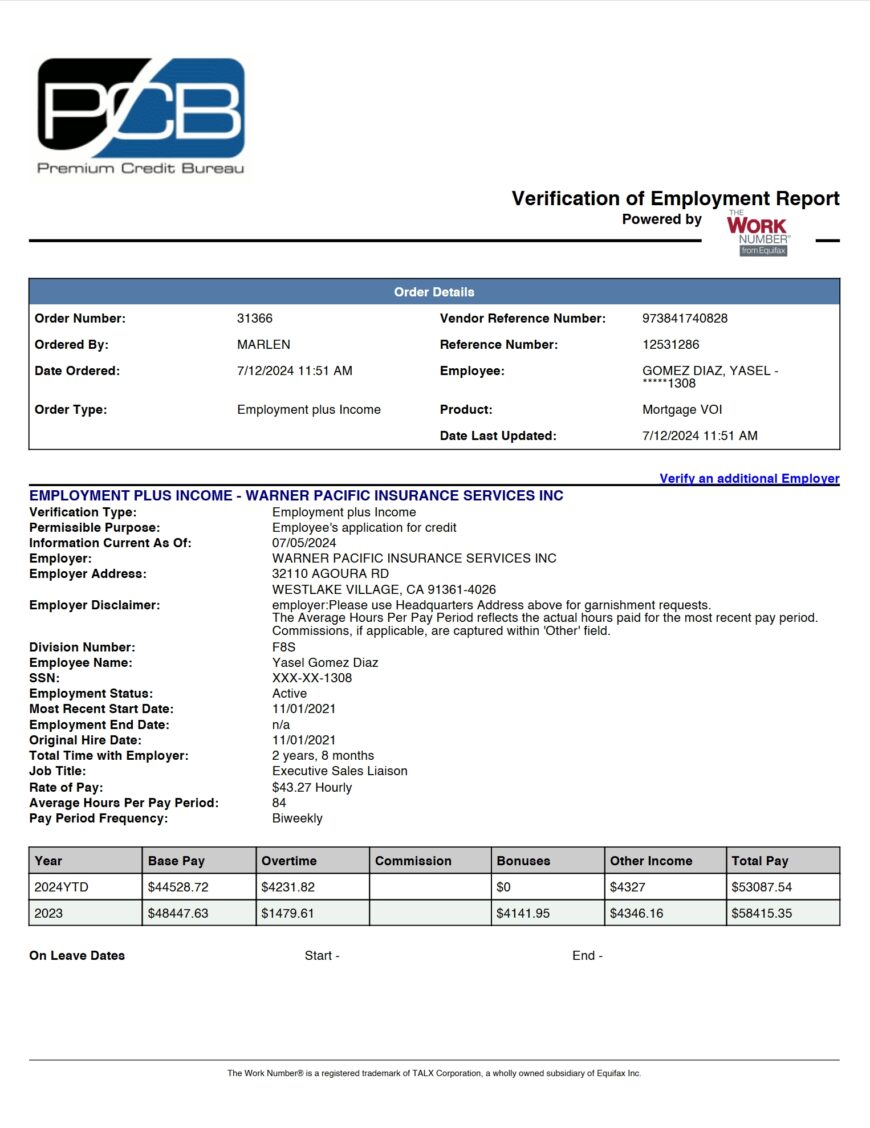 USA Warner Pacific Insurance Services Inc Verification of Employment Report Word And PDF Template 6 Pages