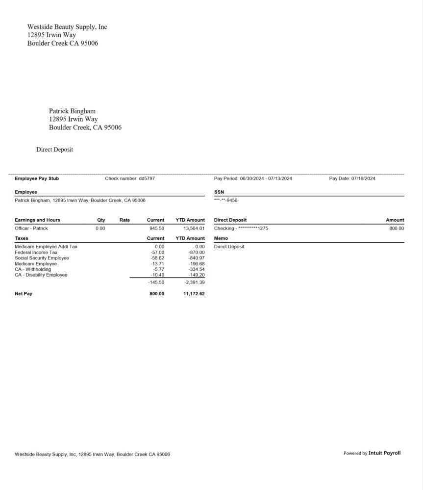 USA Westside Beauty Supply Inc PayStub Word And PDF Template 4 Pages