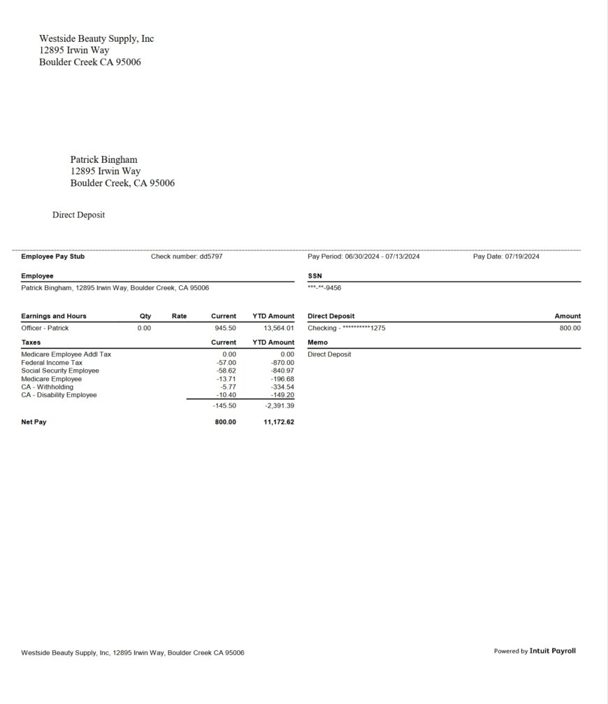 USA Westside Beauty Supply Inc PayStub Word And PDF Template 4 Pages