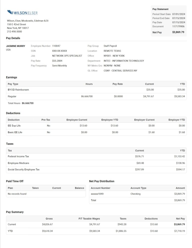 USA Wilson Elser Pay Stub Word And PDF Template 2 Pages