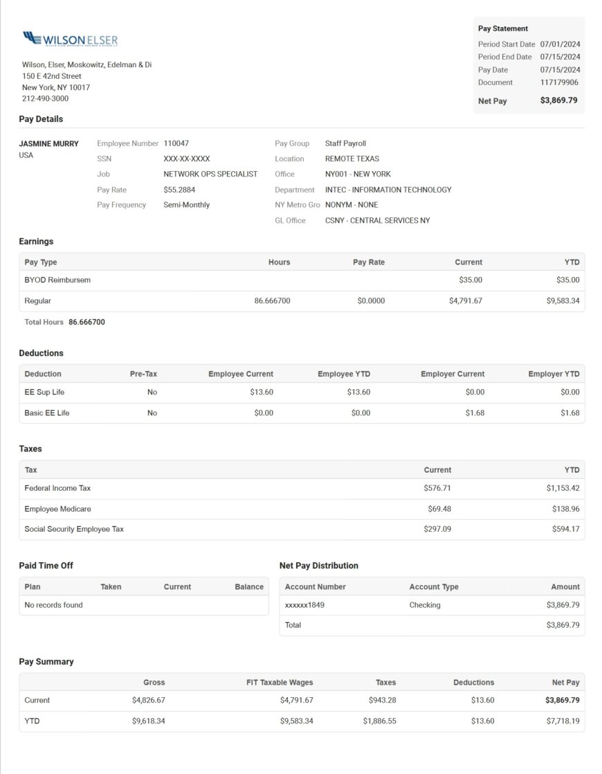 USA Wilson Elser Pay Stub Word And PDF Template 2 Pages