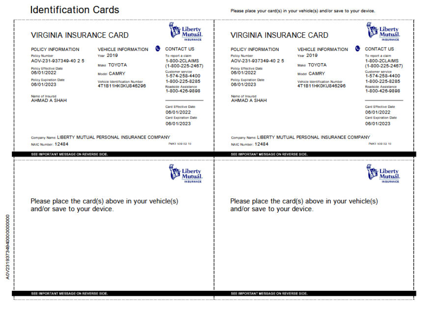 VIRGINIA VEHICLE INSURANCE CARD Template
