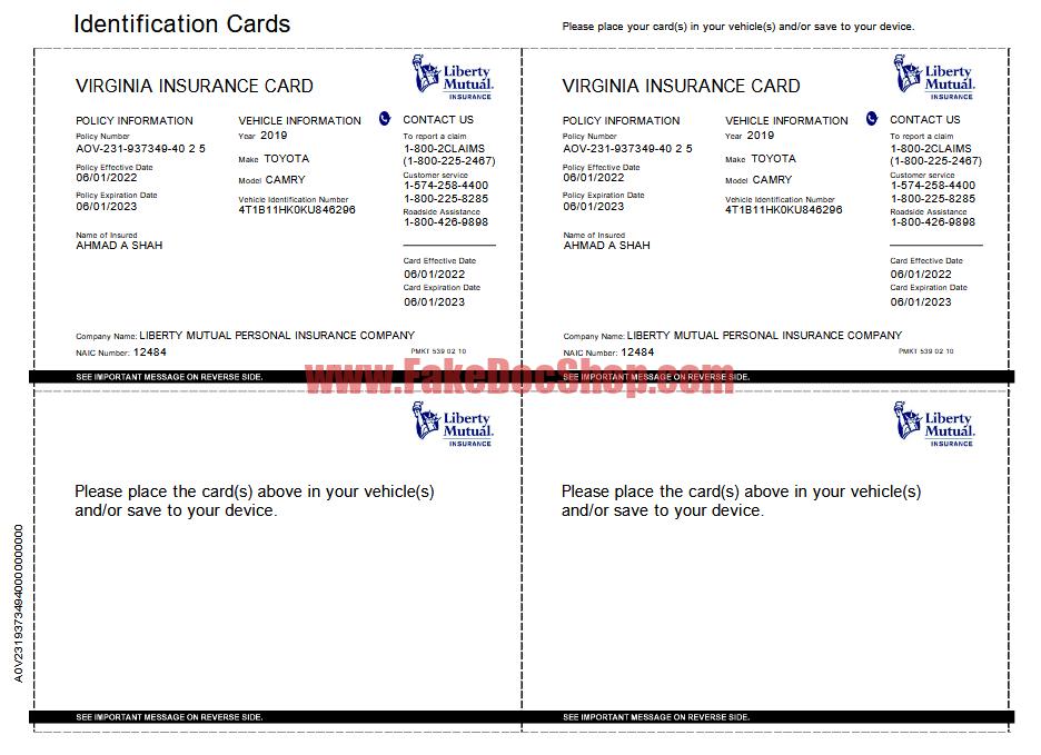 VIRGINIA VEHICLE INSURANCE CARD Template